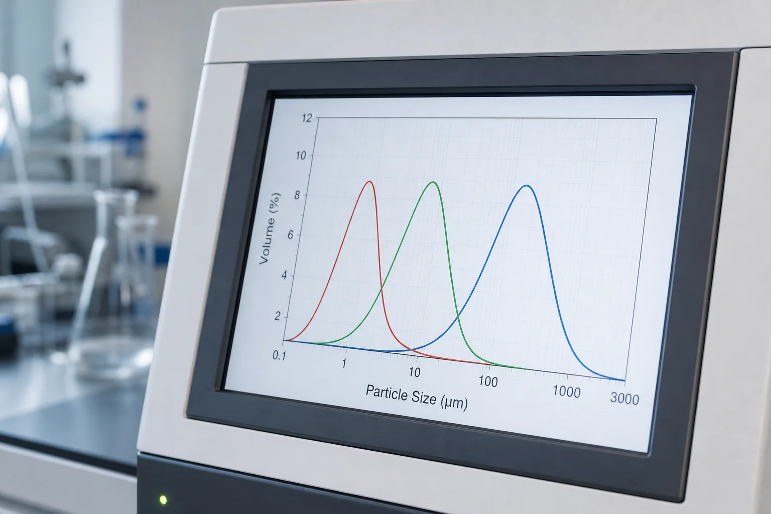 Laser particle size analyzer screen showing three distribution curves in different colors