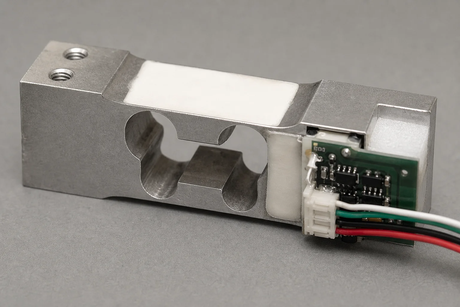 Close-up of a load cell component inside a disassembled coffee scale