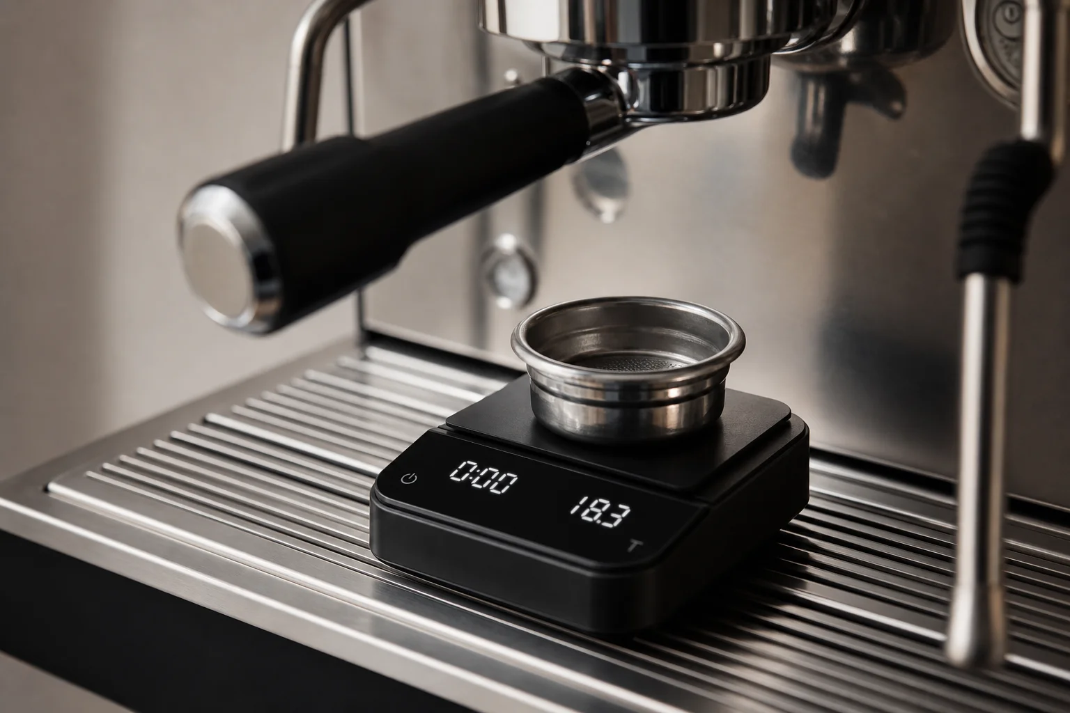 Espresso machine portafilter basket positioned on a compact espresso scale