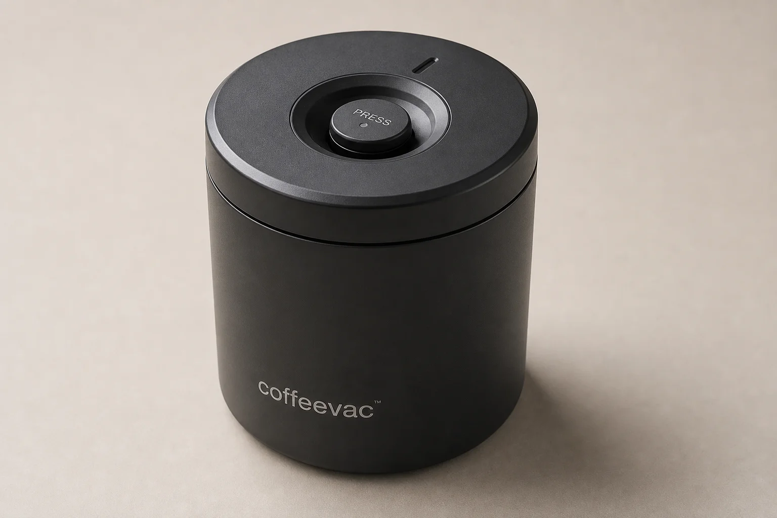 Eleven coffee storage containers arranged by category on concrete surface