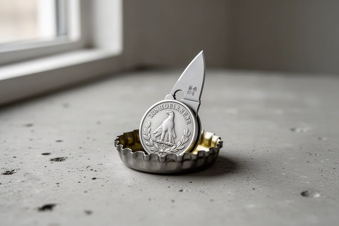 Een muntvormig sleutelhangermesje in een metalen bierdopje ter schaalvergelijking