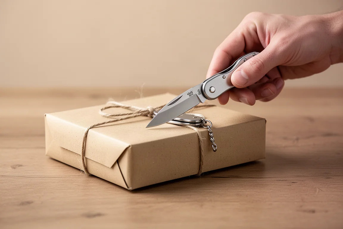 Handen die een klein sleutelhangermesje gebruiken om een kartonnen pakket te openen