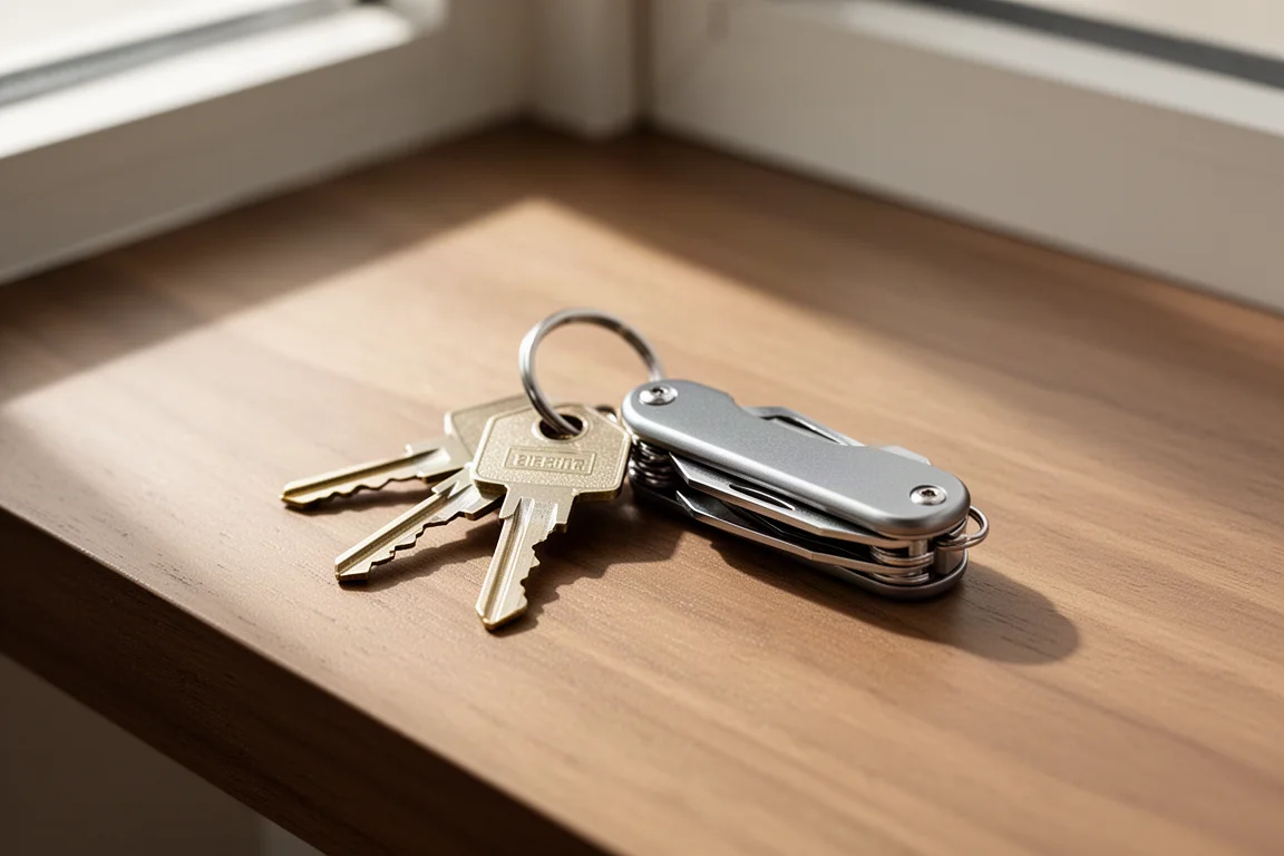 Een sleutelhanger met klein multitool, gefotografeerd in zacht daglicht