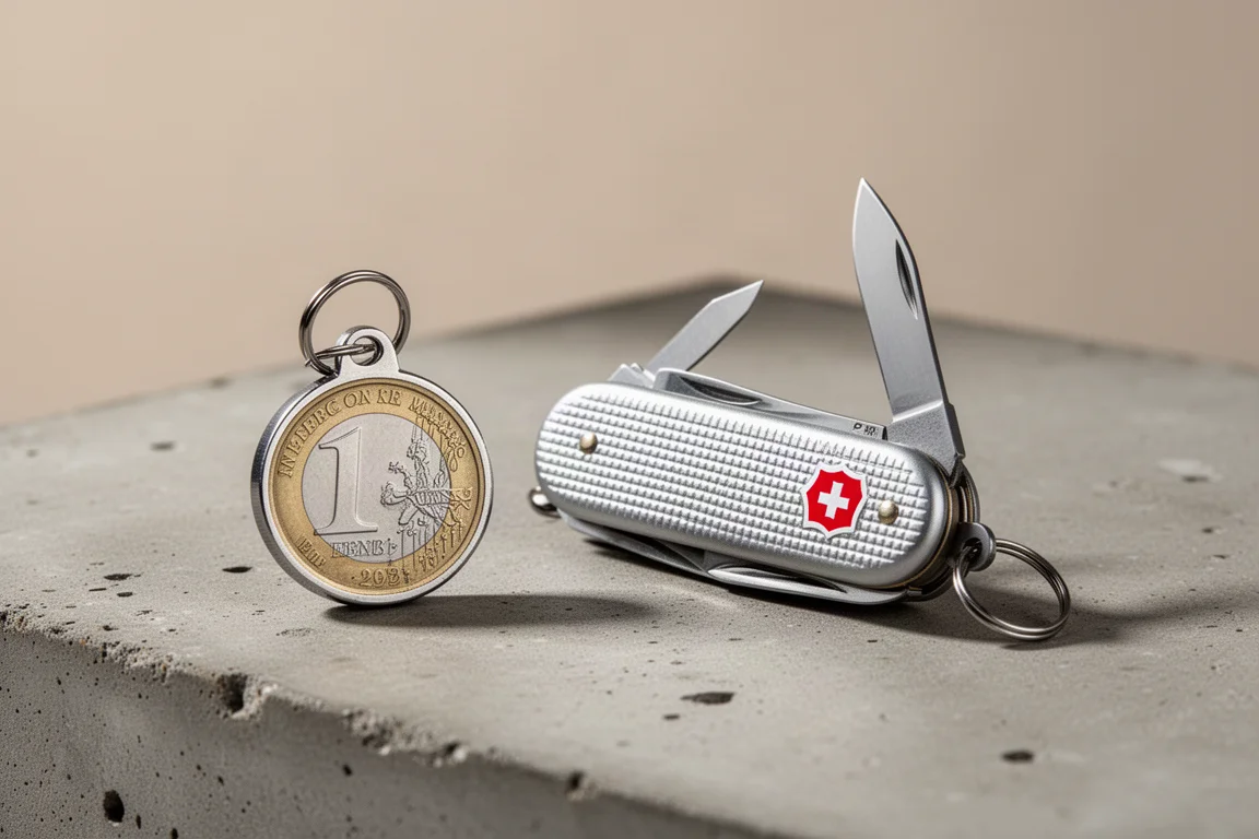 Münzförmiges Schlüsselanhänger-Messer und Victorinox Classic 58mm nebeneinander auf Beton