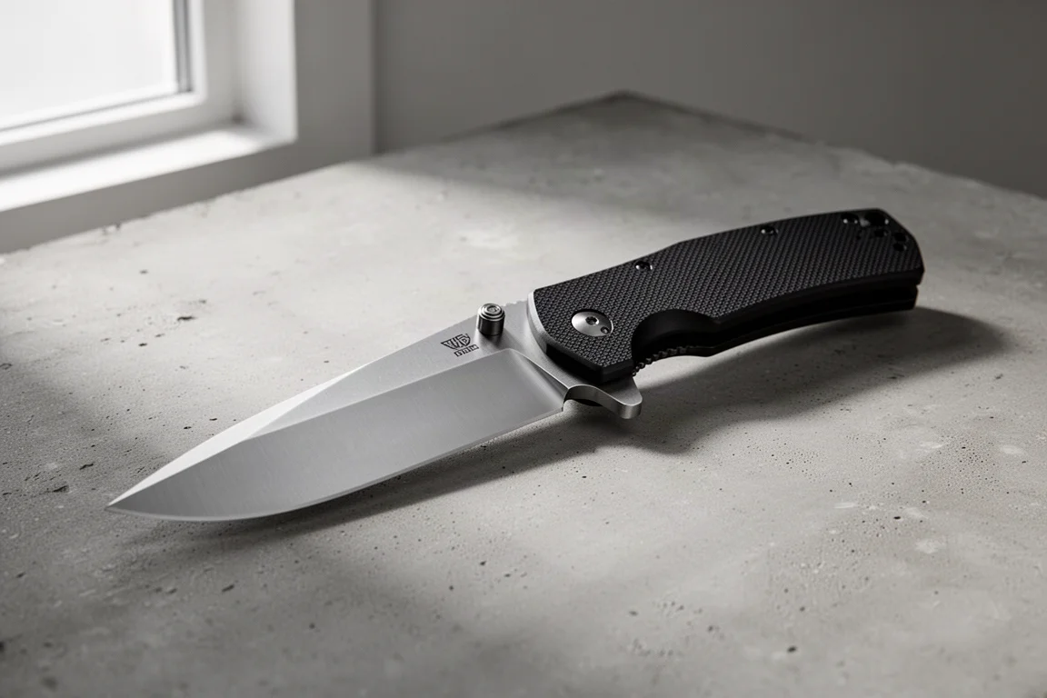 Large folding knife fully open on a matte concrete surface