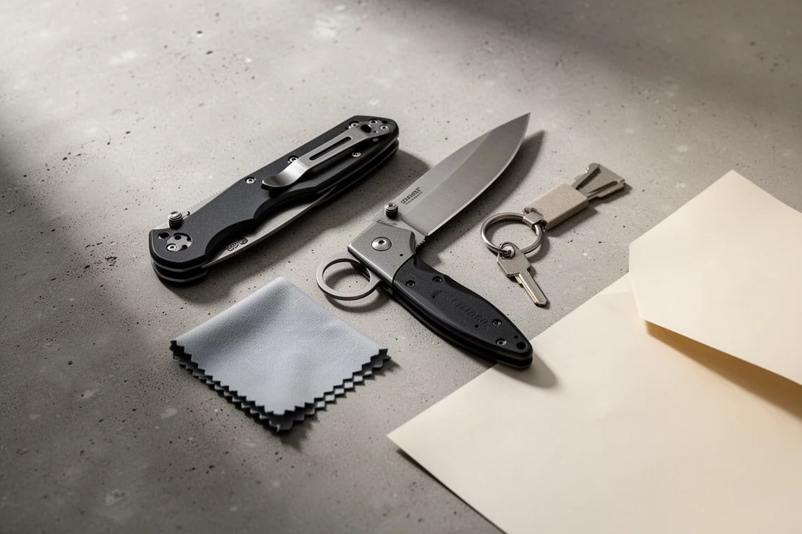 EDC 平鋪擺拍,包括口袋刀、布料及日常用品,置於混凝土上