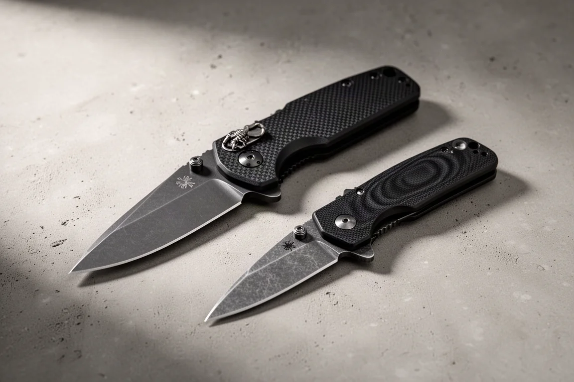 Składane noże Cold Steel AD-15 i Petrified Fish PF818 na betonowej powierzchni