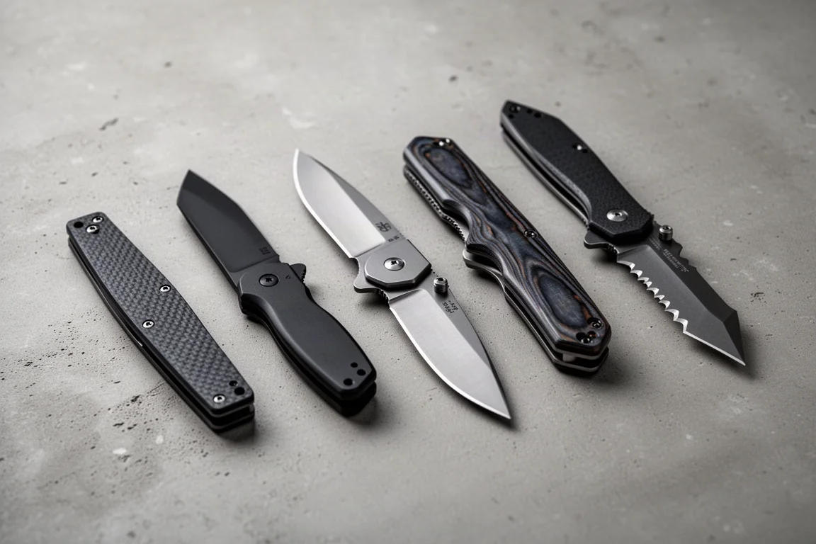 Sechs Cold Steel Klappmesser auf einer Betonoberfläche angeordnet