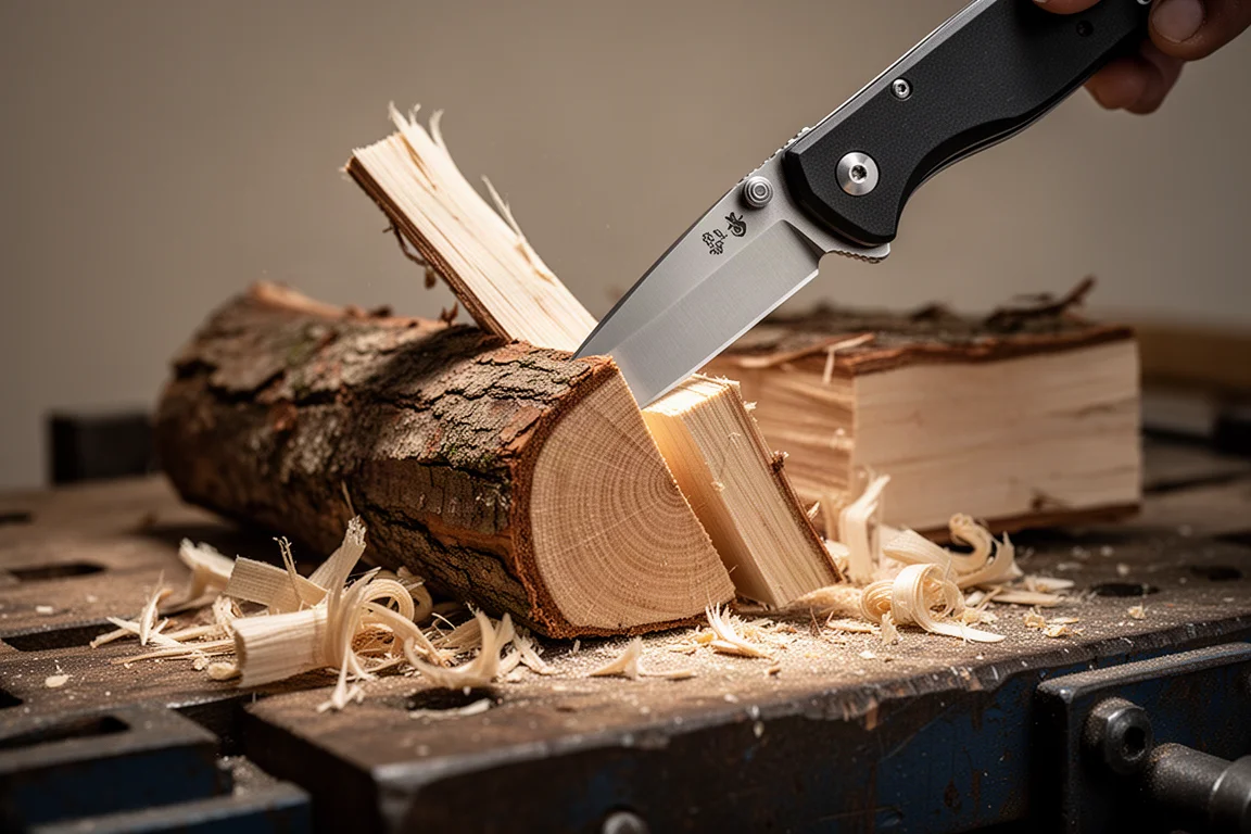 Folding knife blade batoning through a piece of wood across the grain