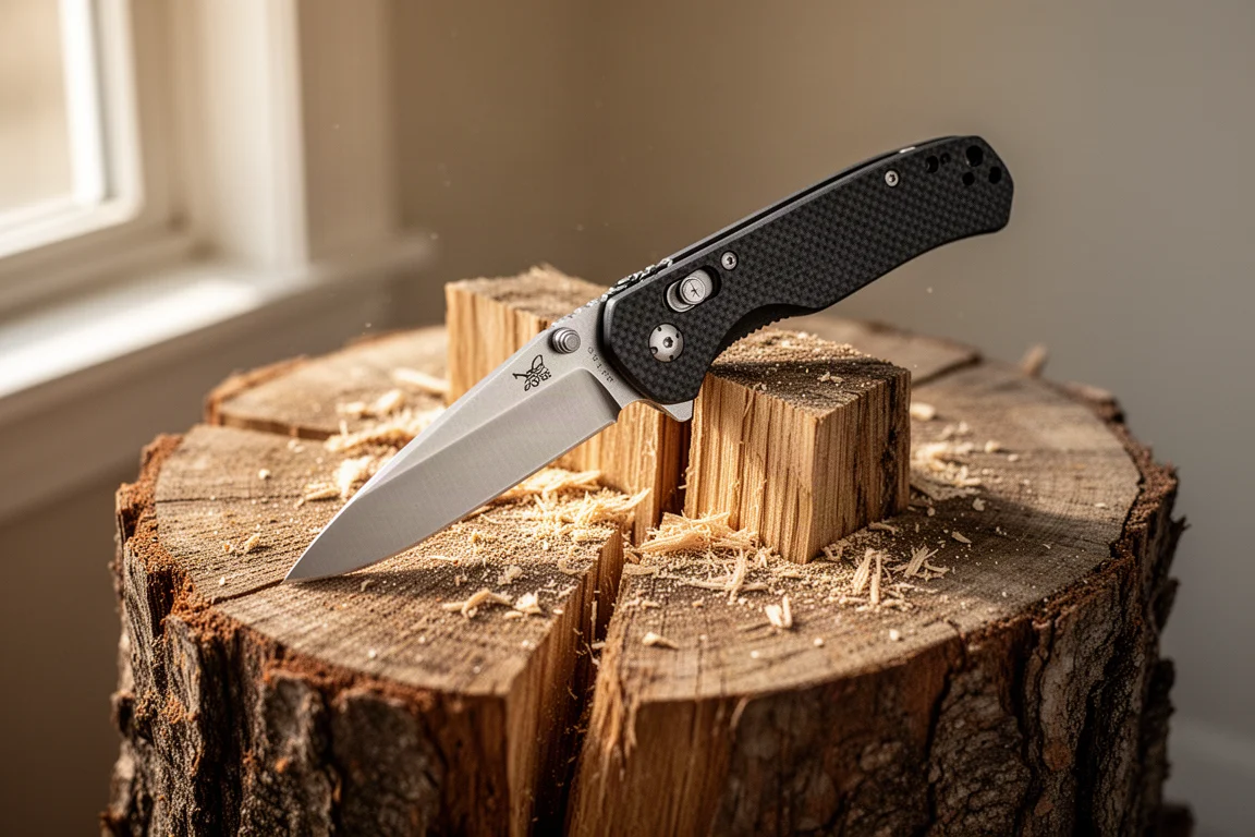 Folding knife held securely against a wooden surface with no visible play