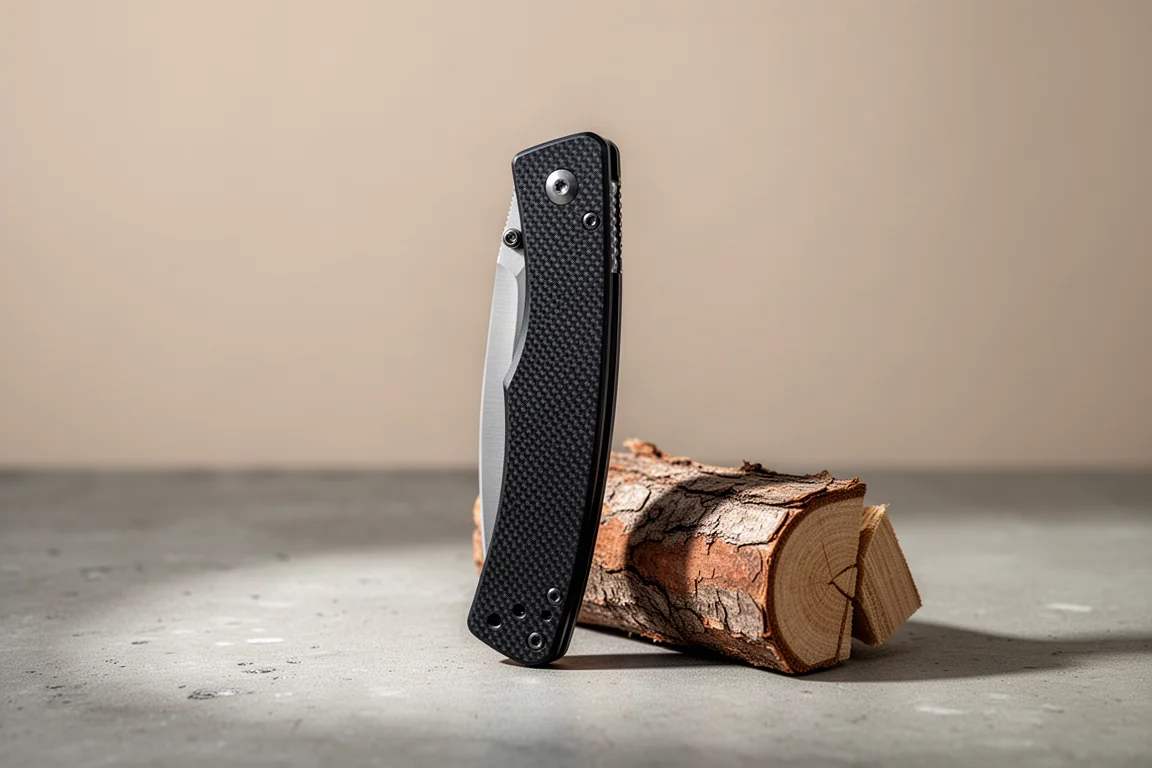 Slim G10 folding knife standing upright next to a split piece of wood
