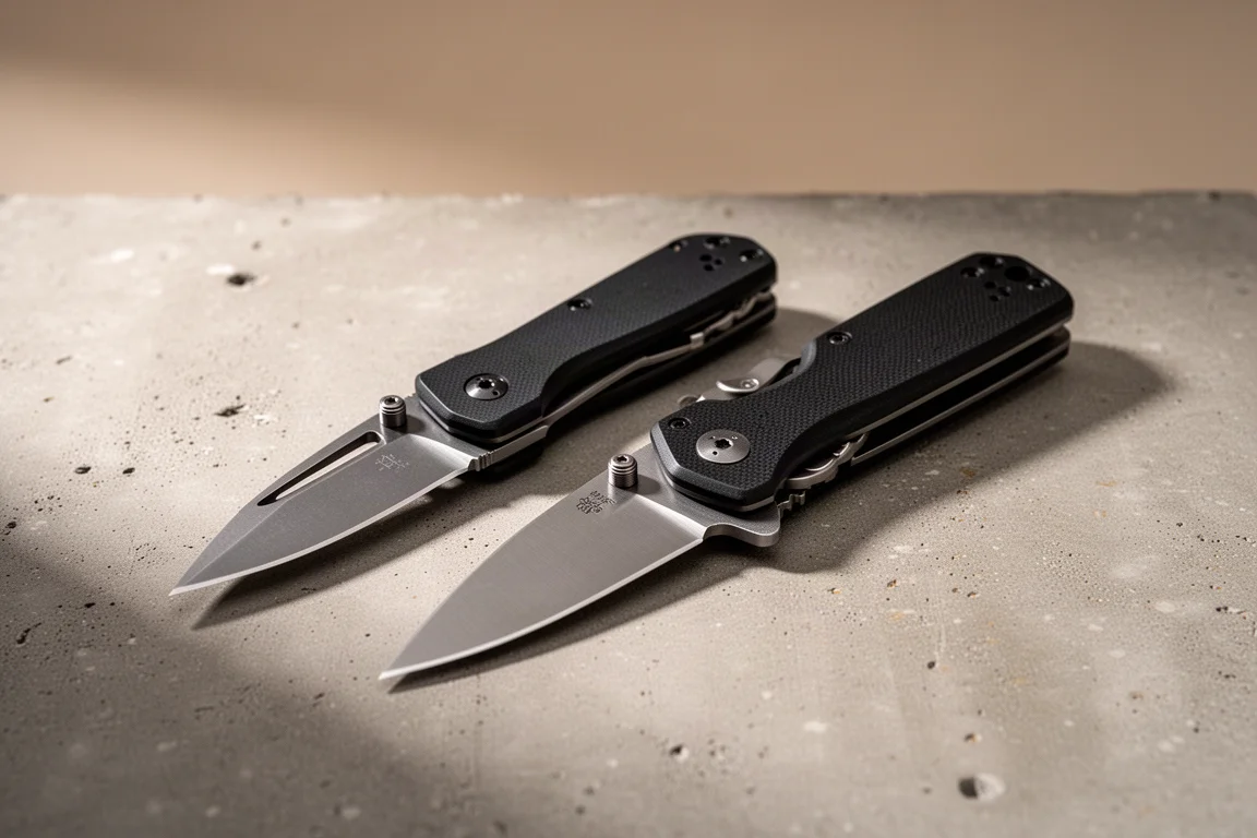 Two Cold Steel folding knives with black G10 handles on a concrete surface