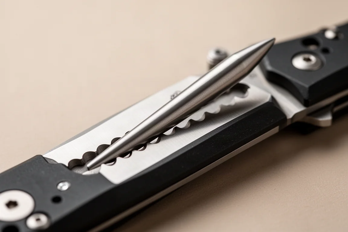 Konischer Diamantschleifstab, in die Sägezähne einer Klappmesser-Klinge eingesetzt