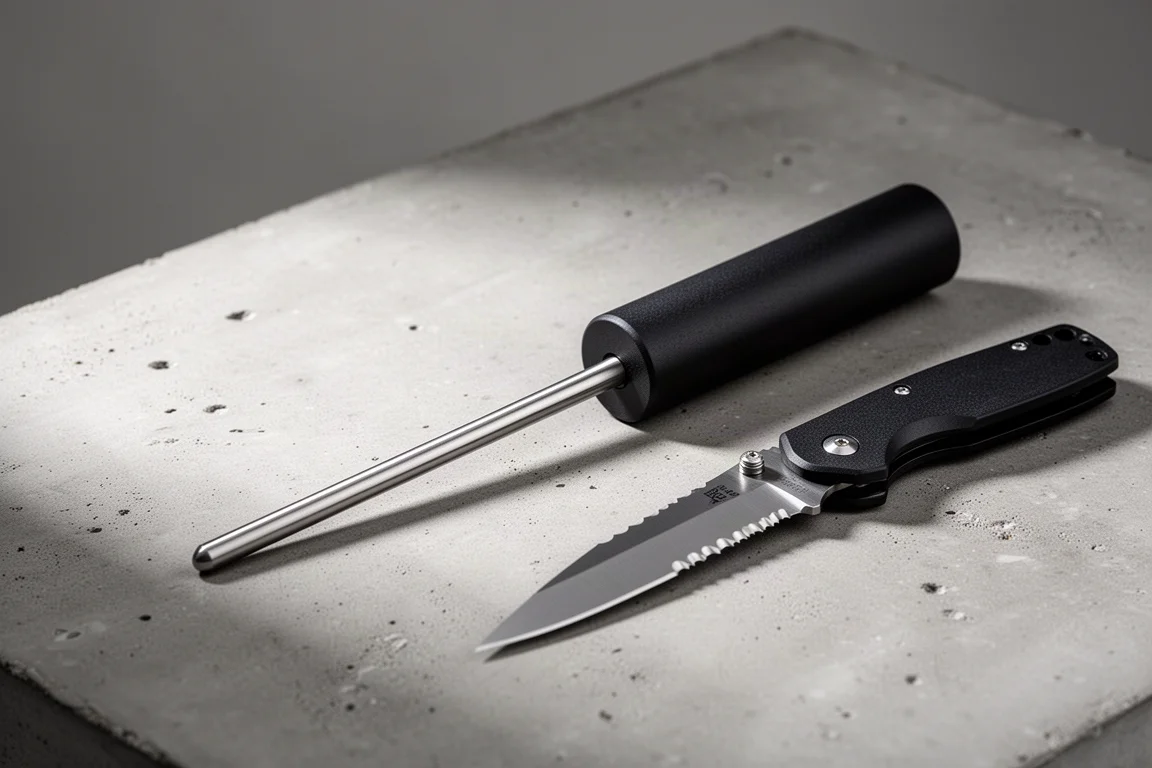 Tapered diamond sharpening rod with ABS handle next to a partially serrated folding knife
