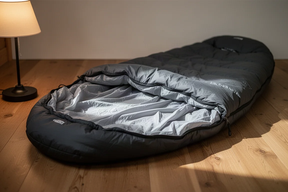 Leichte Daunenjacke über einem beladenen Wanderrucksack auf einem frostbedeckten Granitfindling