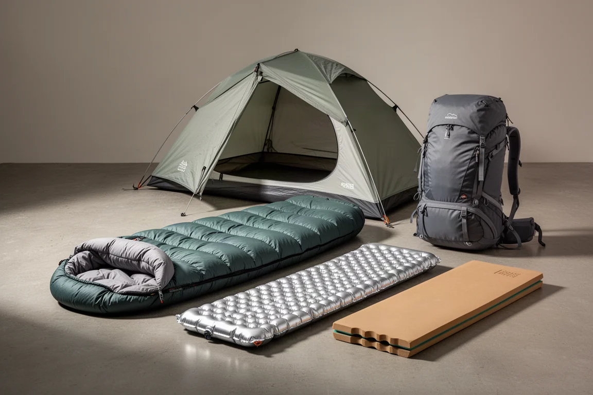 Cold weather camping accessories arranged in a flat lay on a concrete surface