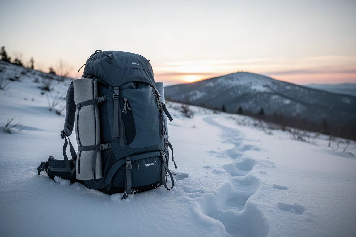 Draufsicht auf Winter-Camping-Zubehör auf Beton