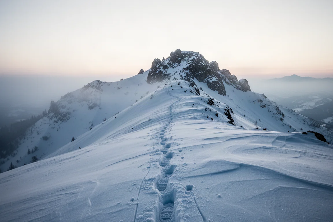 Snow-covered alpine ridge at dawn with a faint trail leading toward a distant peak