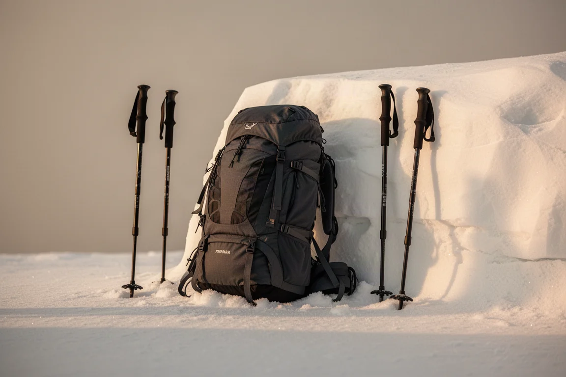 Loaded hiking backpack resting against a snowbank beside trekking poles
