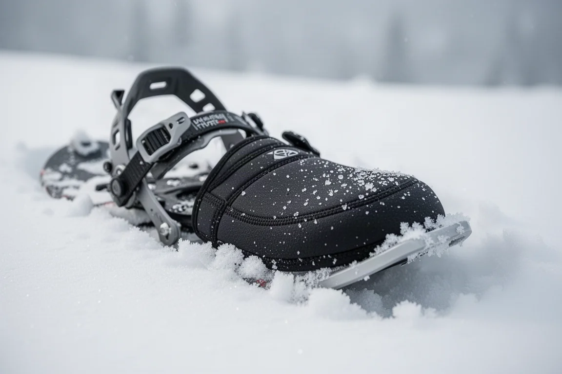 Snowshoe binding and neoprene toe cover pressed into deep powder snow