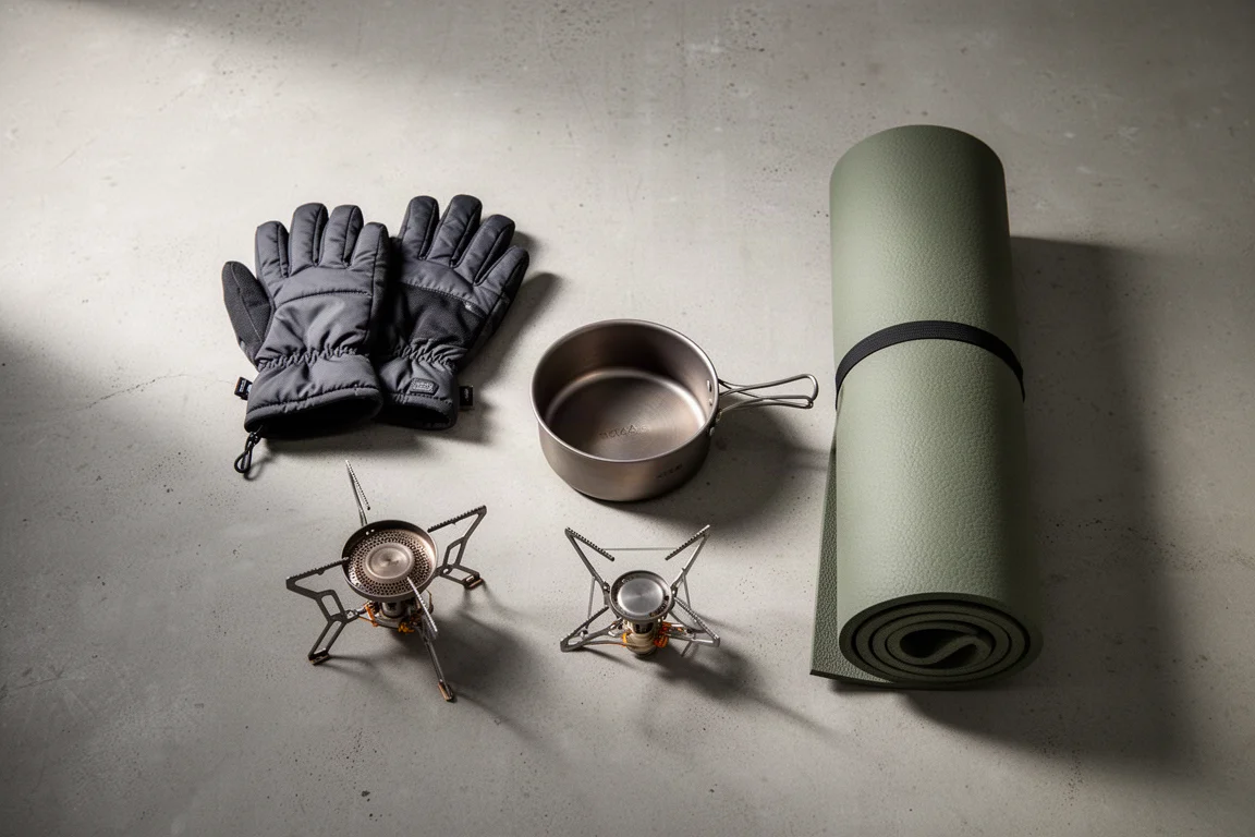 Overhead flat-lay of winter camping essentials arranged on concrete