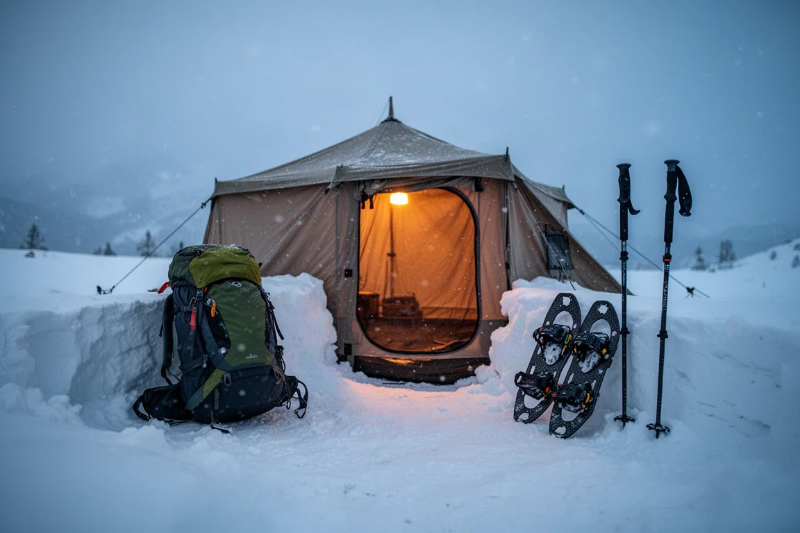 雪地中的冬季基地營，設有柴爐帳，一只裝滿的背包、雪鞋與登山杖