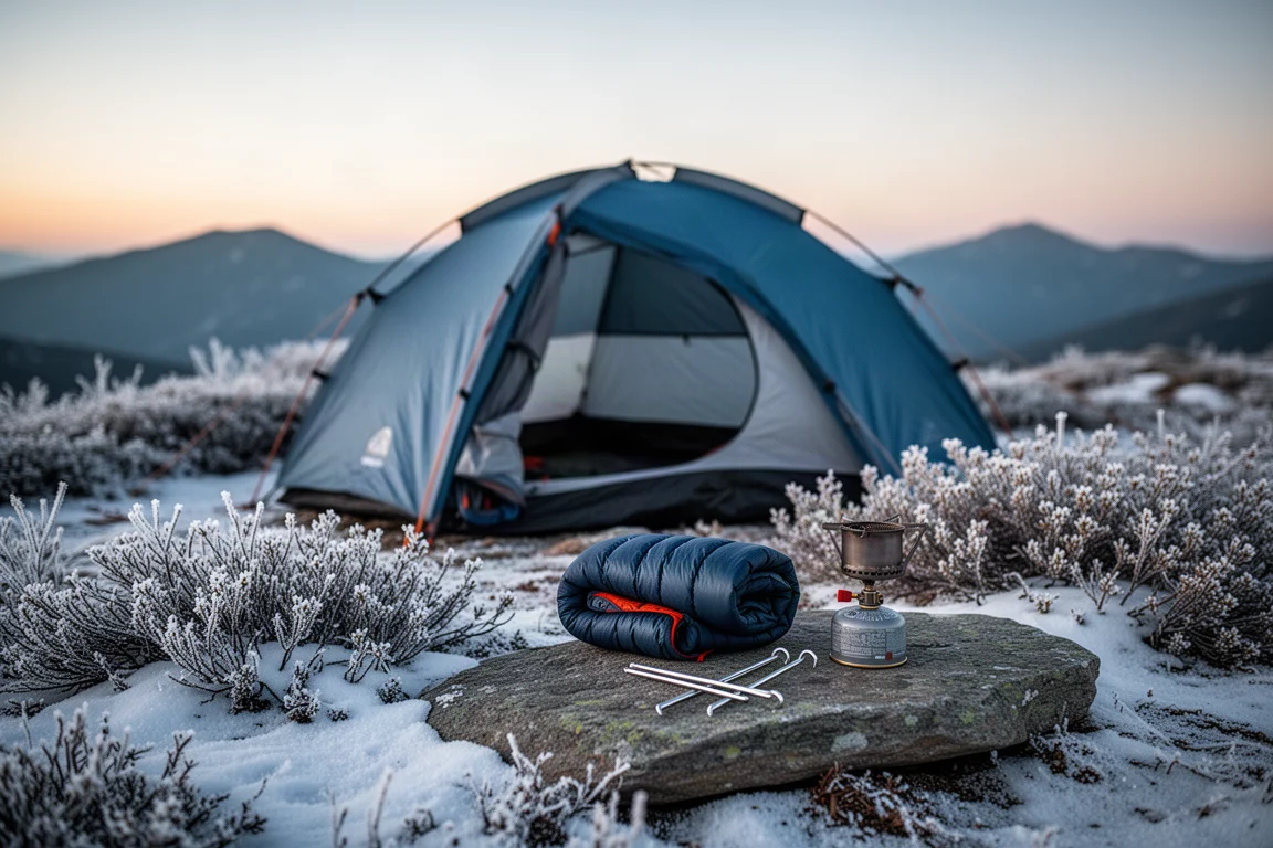 Ett enmanstält uppsatt på en snöig alpinås med utrustning arrangerad i förgrunden