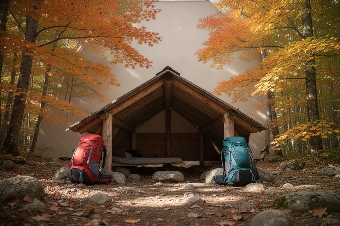 木製の避難小屋と支柱に立てかけたバックパックがある秋の森のキャンプサイト