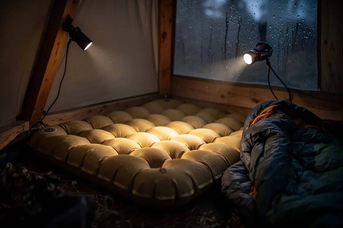 夜に暖かいランプの光で照らされた木製避難小屋の中の膨らませたスリーピングパッド