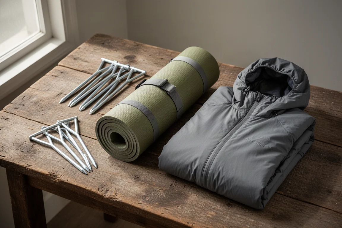 Three backpacking items: tent stakes, rolled sleeping pad and folded hoodie on wood