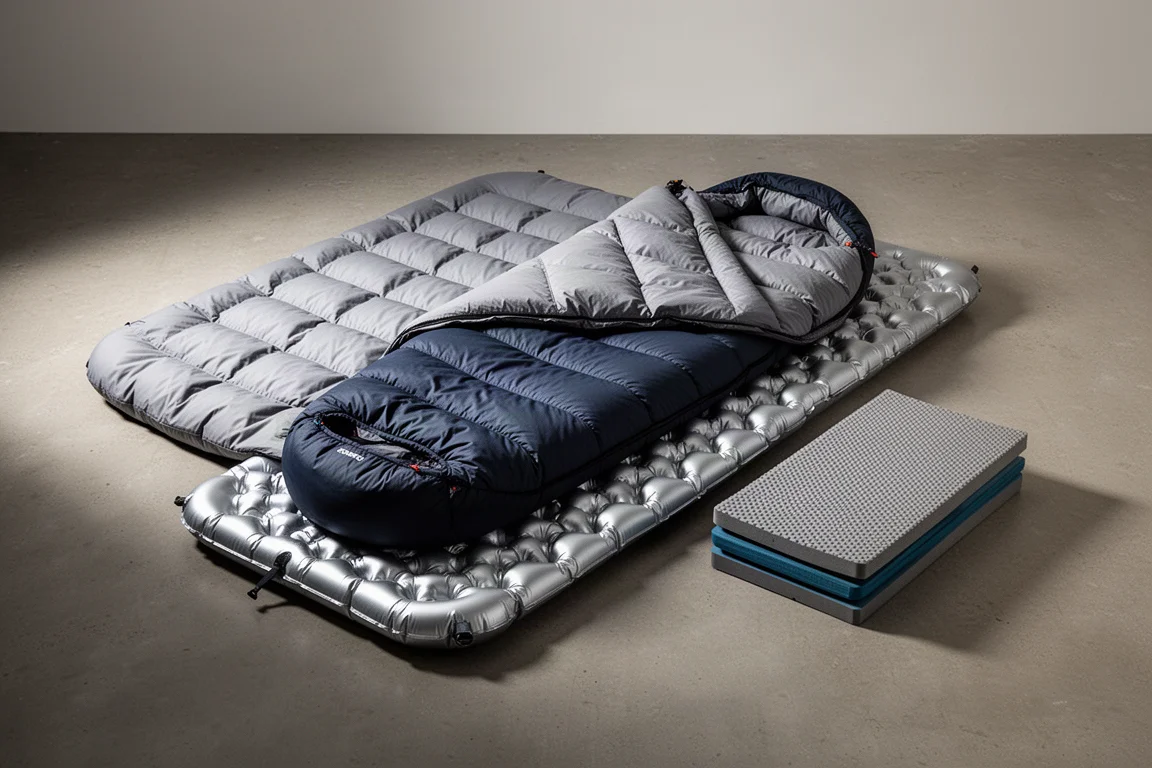 Cold weather camping gear arranged flat on a neutral concrete surface