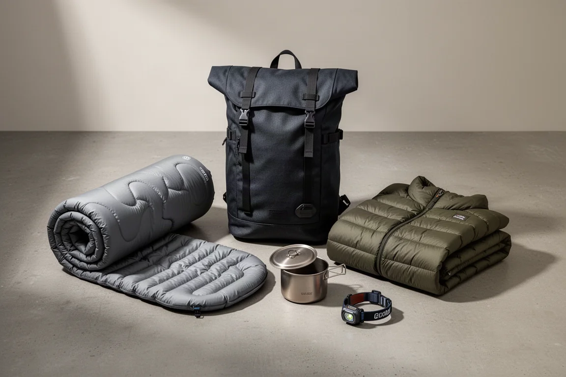 Cold-weather backpacking gear arranged on concrete with a roll-top pack at centre