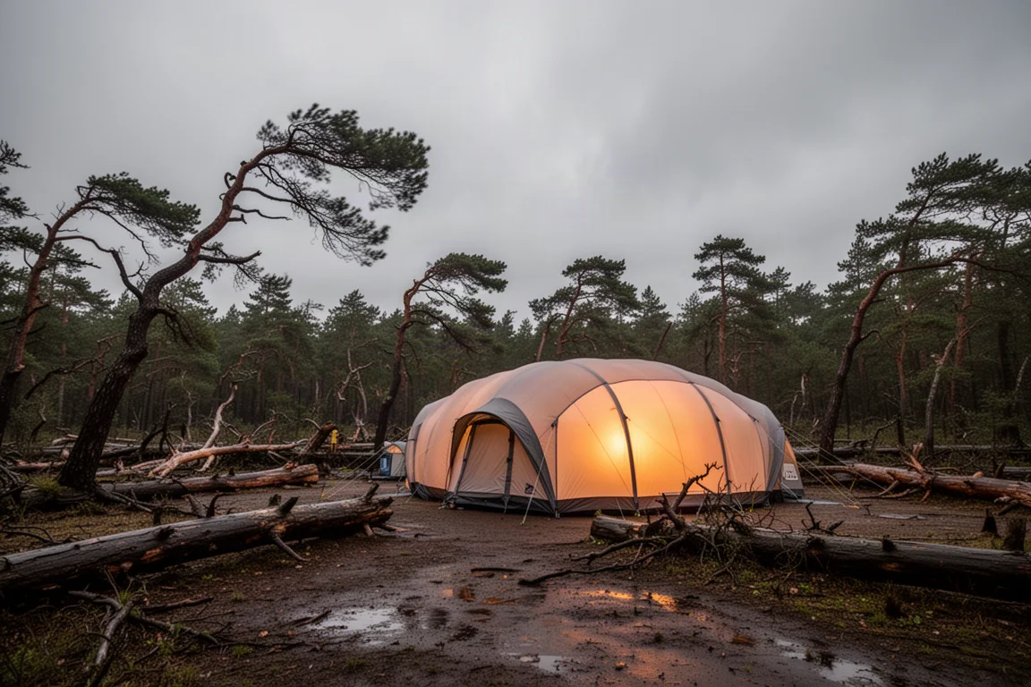 Air-supported tent glowing at dusk in a wind-blown forest campsite with fallen trees