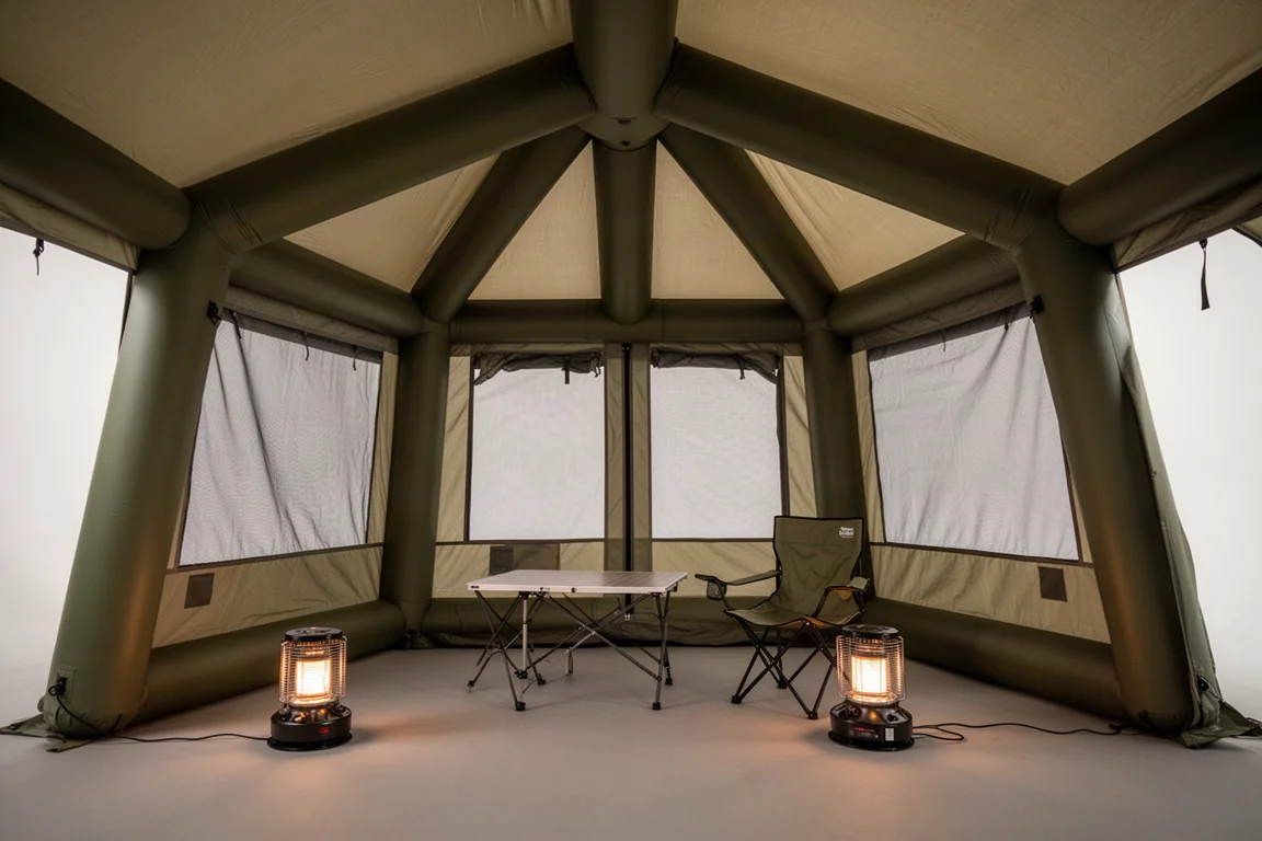 Interior of a large inflatable tent with mesh windows, camp table, chair and heater