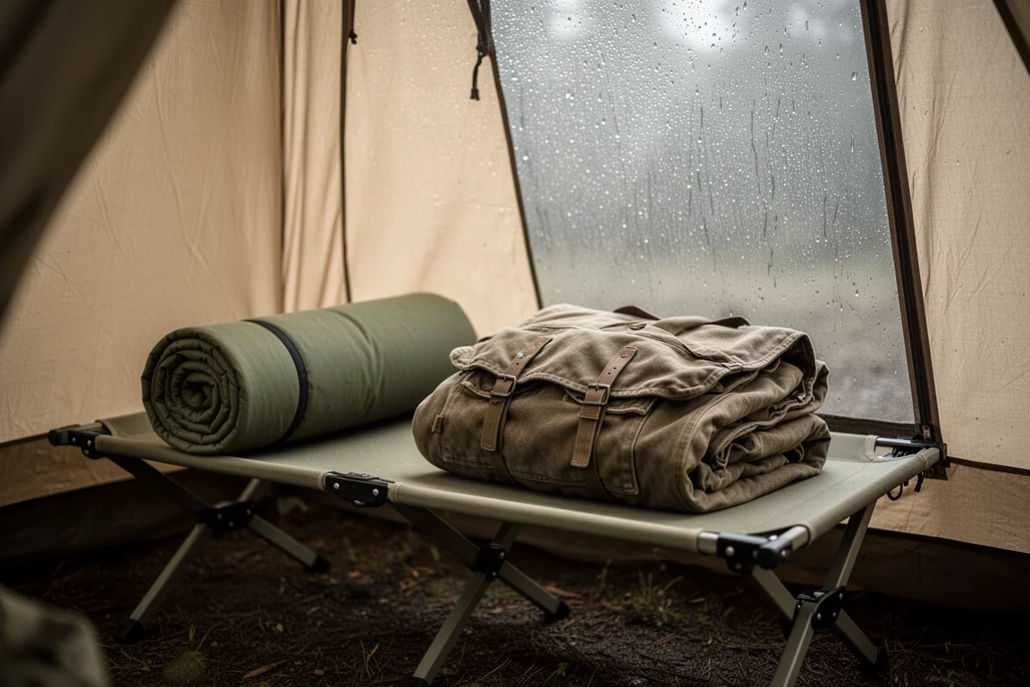 Camp cot with pad and sleeping bag inside a tent on a wet morning