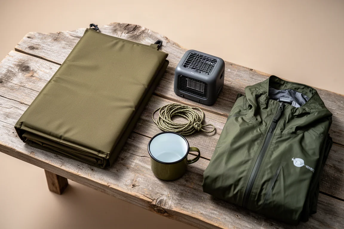 Overhead flat lay of camping gear including a folded cot pad and compact heater