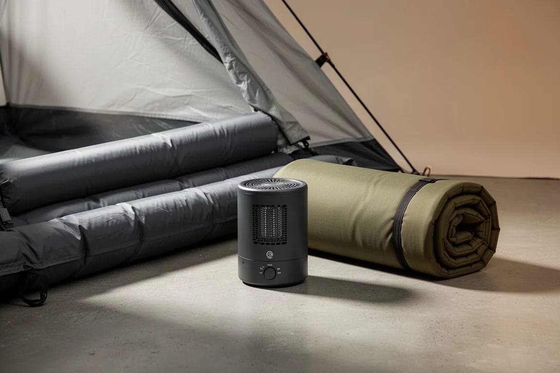 Inflatable tent beam, compact heater and rolled cot pad arranged on a concrete surface