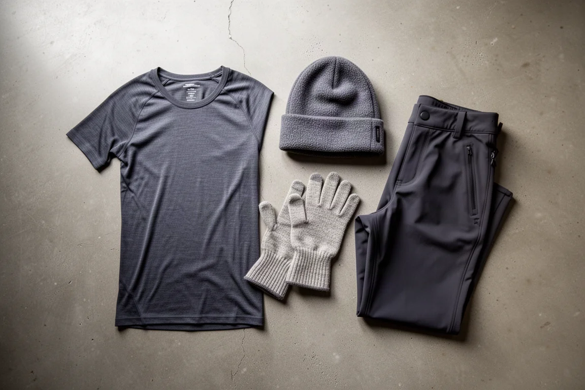 Vue à plat de couches de randonnée hivernale incluant une première couche, un bonnet, des gants doublure et un pantalon soft shell