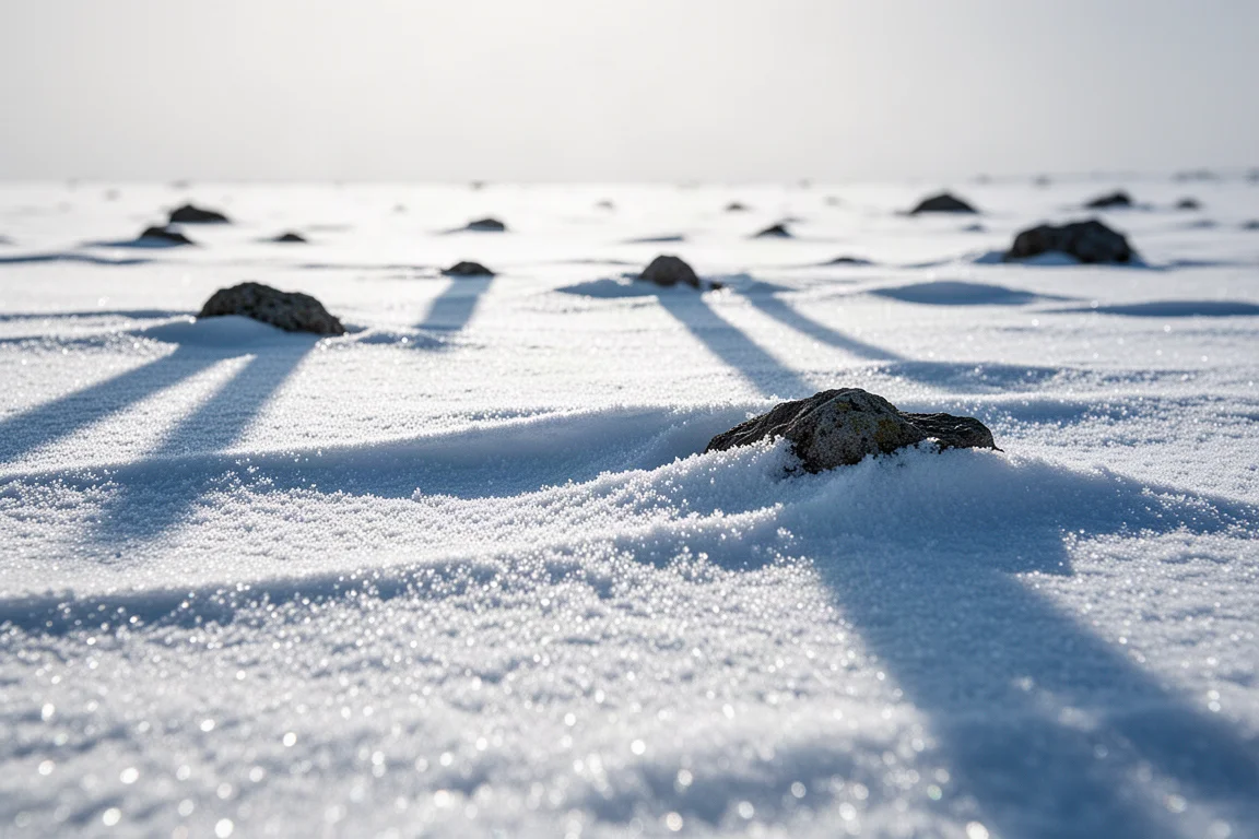 Croûte de neige ensoleillée avec un éblouissement vif et de longues ombres bleues sur la surface