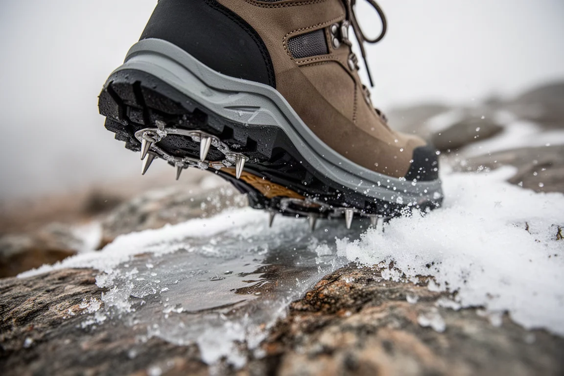 Semelle de chaussure flexible avec de petits crampons d'adhérence agrippant un sentier glacé couvert de neige