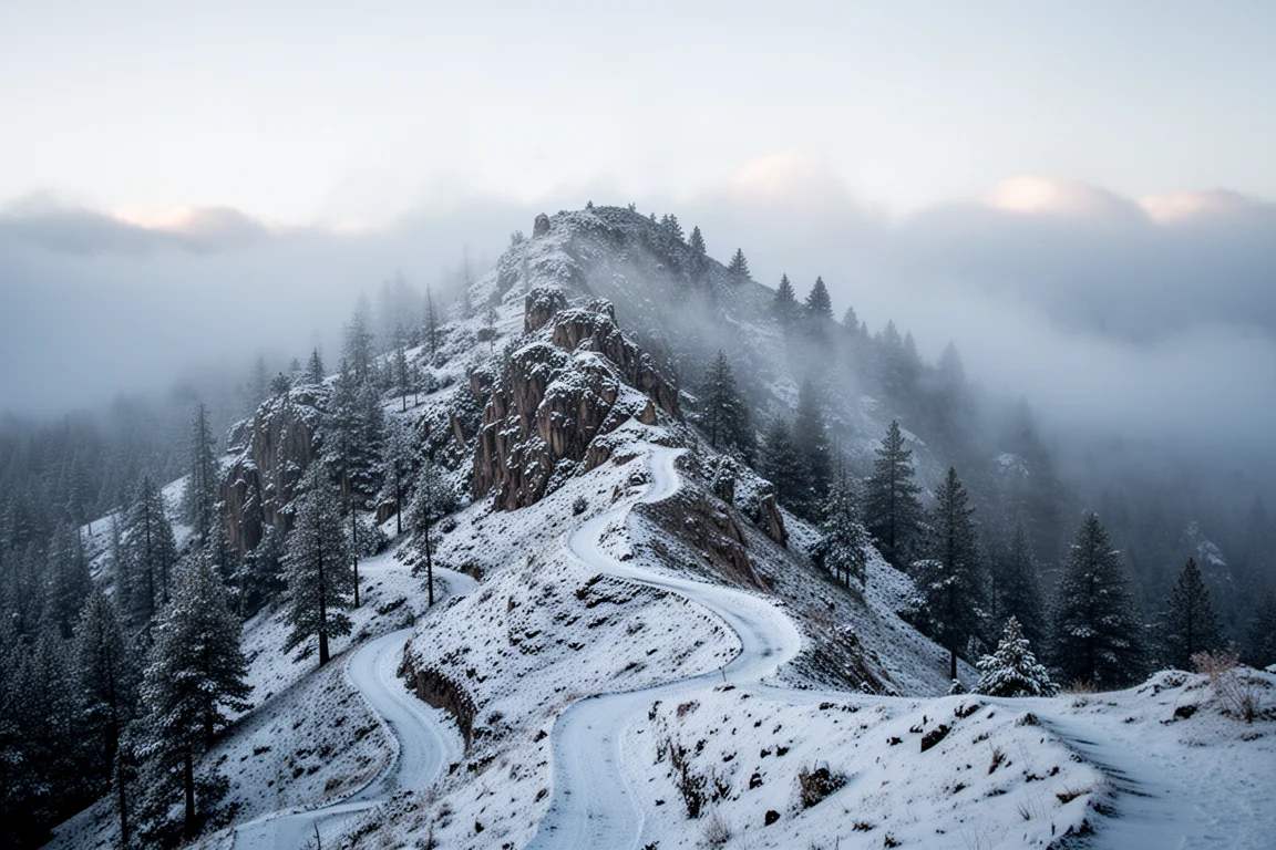 Crête et sentier de montagne enneigés sous un ciel bas, dans une lumière froide du matin