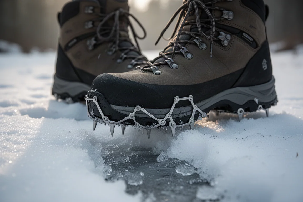 Micro pointes fixées sur une chaussure de randonnée posée sur de la neige tassée et de la glace