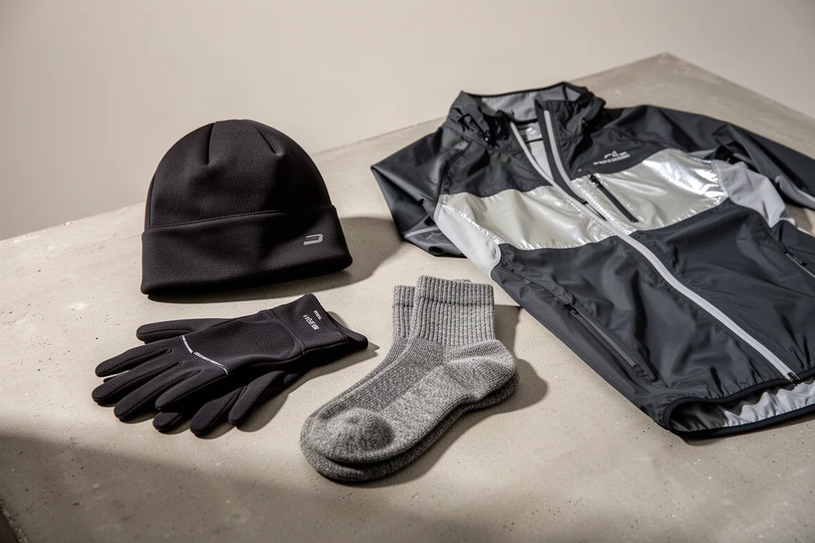 Collection of winter running gear including beanie, gloves, socks, and reflective jacket on concrete
