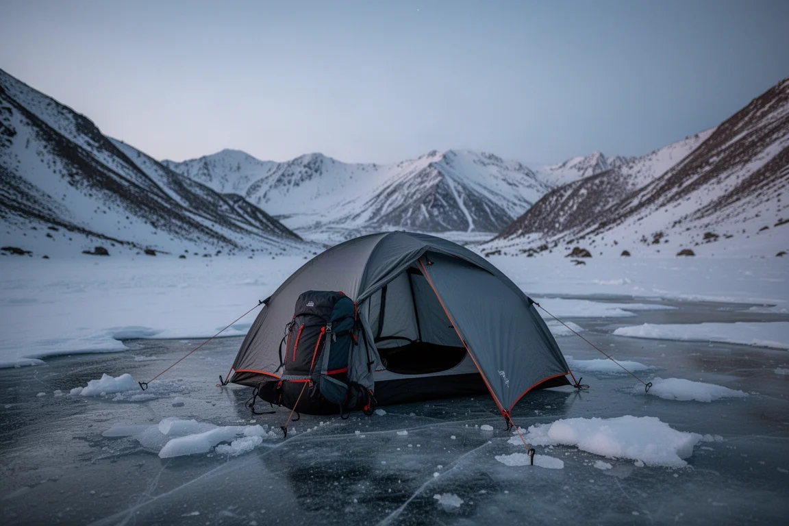 Tent pitched on frozen ground at dusk in a snowy mountain valley