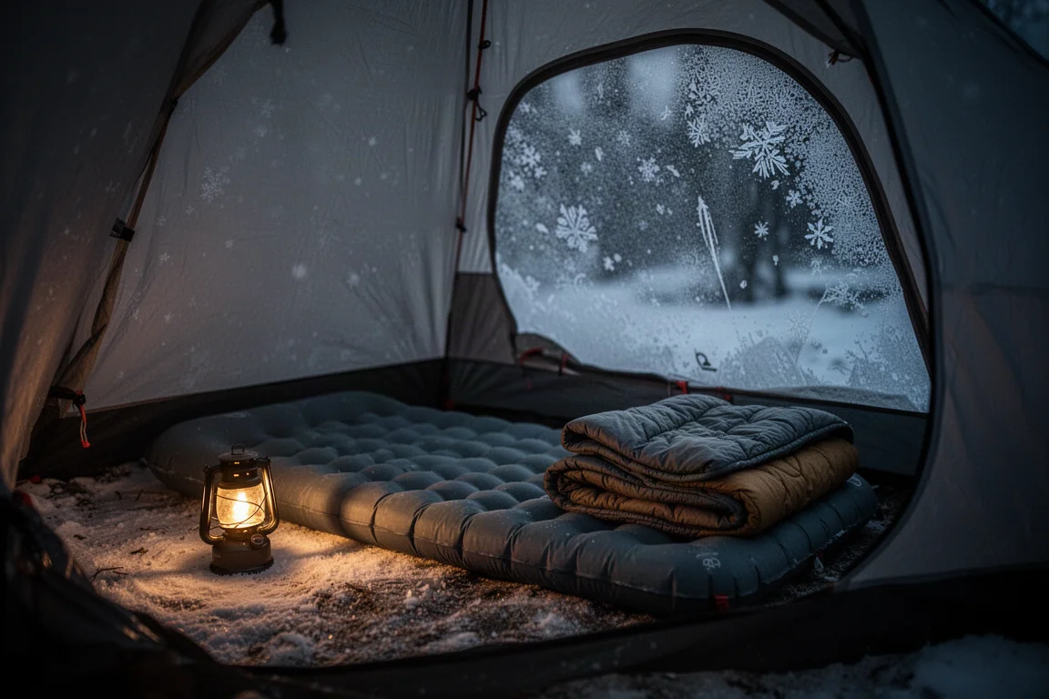 Interior of a winter tent at night with a sleeping pad, quilt and headlamp glow