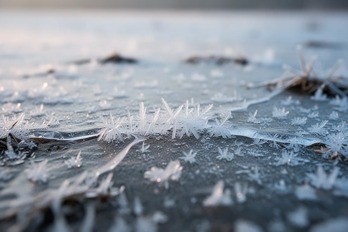 Close-up of frost crystals and thin ice on frozen ground at dawn