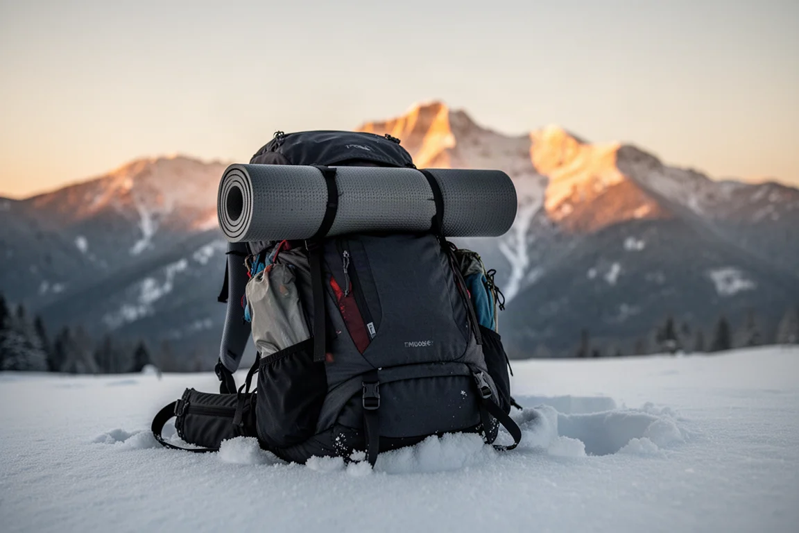 Rolled sleeping pad strapped to a backpack on a snowy trail at sunrise