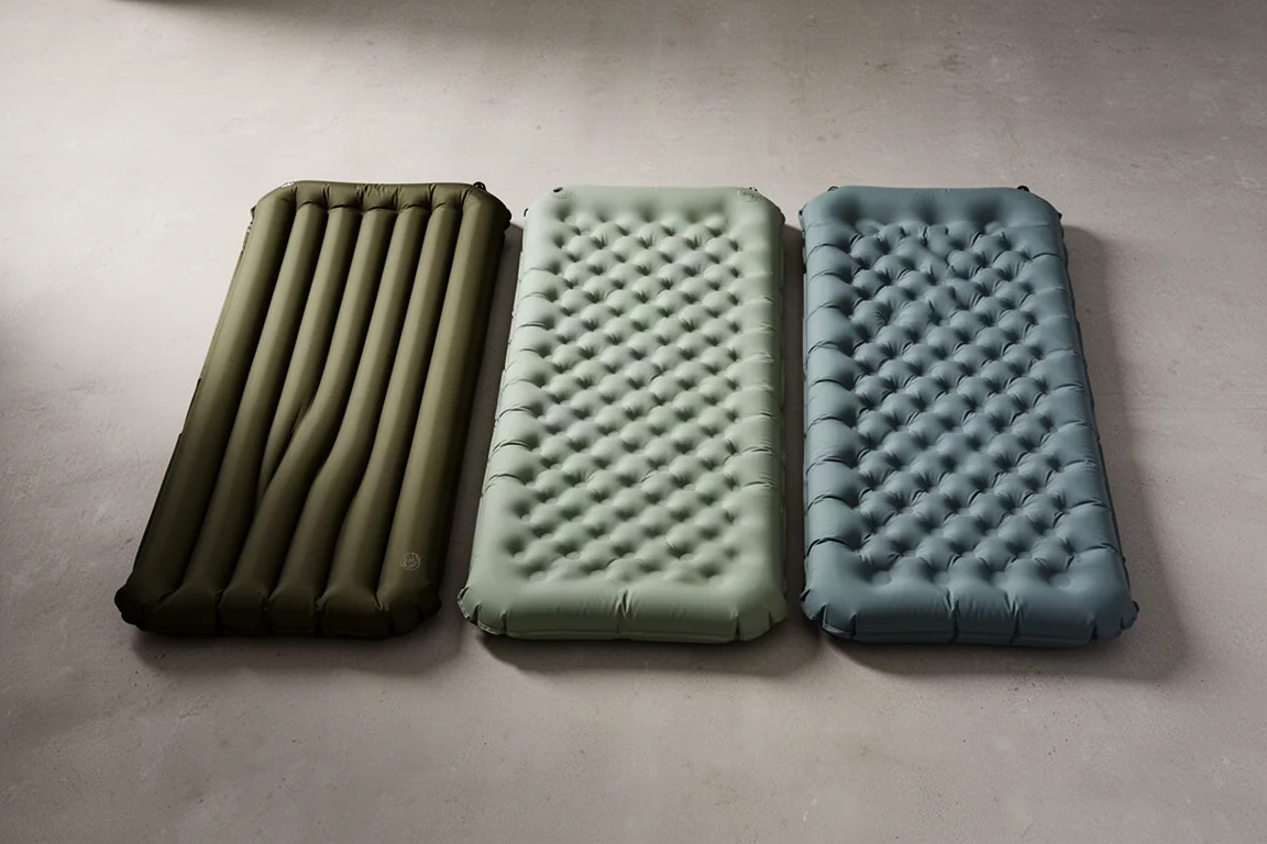 Three inflated camping sleeping pads in olive, sage and teal arranged side by side on a concrete floor