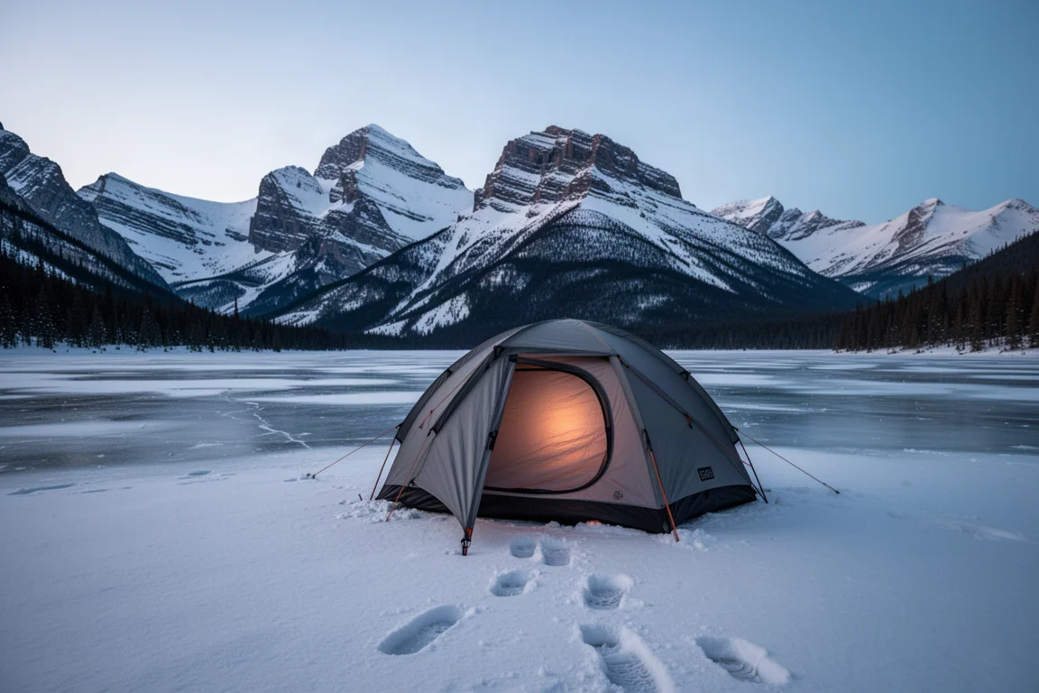 Wintercampingplatz in der Dämmerung mit kleinem Zelt auf einem zugefrorenen See unter verschneiten Gipfeln