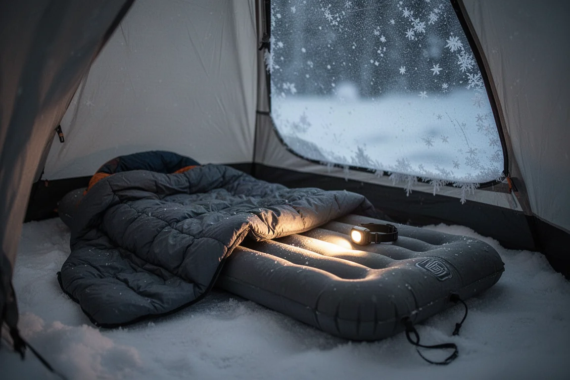 Aufgeblasene Isomatte mit Quilt in einem bereiften Winterzelt, beleuchtet von einer Stirnlampe